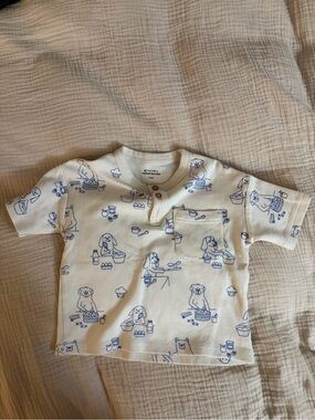 Monoprix Cream Short-Sleeve Henley Tee with Blue Puppy Print